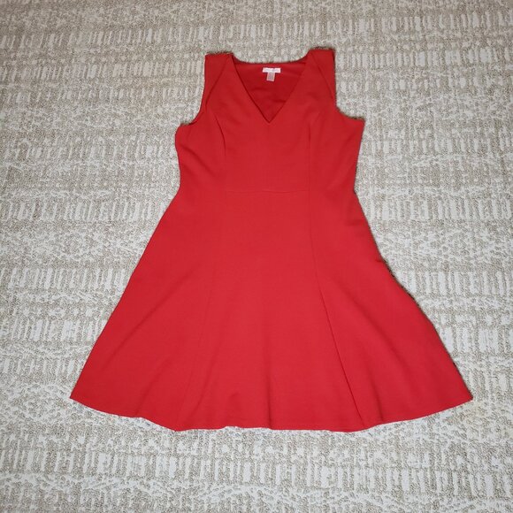 London Times Red Fit & Flare Dress Shoulder Detail Knee Length V Neck Size 14 - Picture 7 of 14
